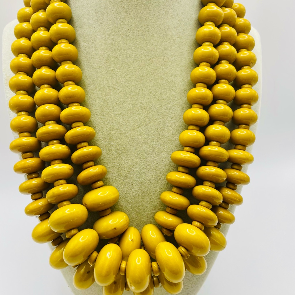 Vintage Yellow Mustard Chunky Multi Strand Beaded Necklace. 19 Inch, 3 Inch Ext